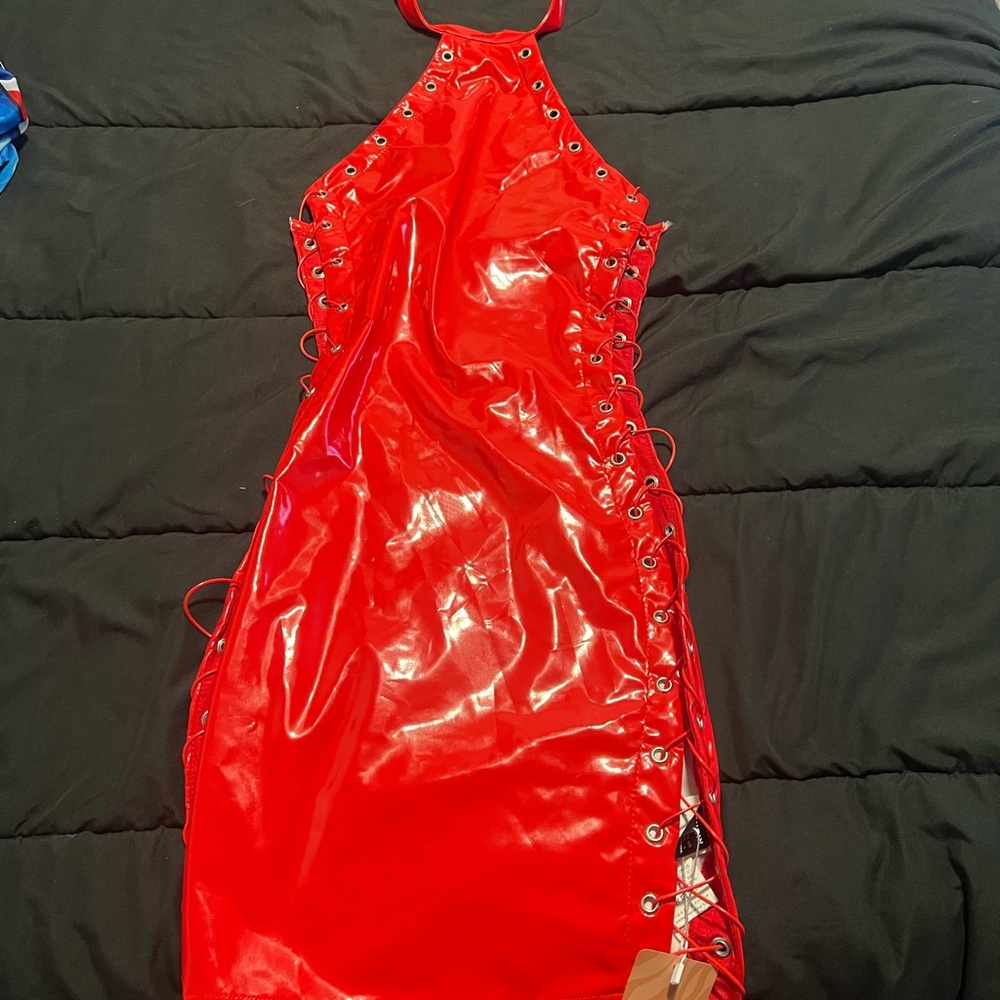 Sexy, red leather lace up dress.